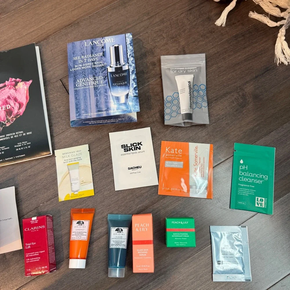 Luxury Skincare Sample Bundle Cecred Lancome Peach & Lily Origins Clarins‎ 14pc